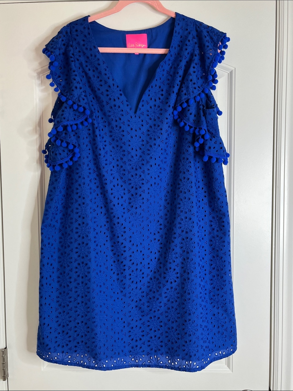 Lilly Pulitzer-Bright Blue Eyelet Pom-Pom Ruffle Shift Dress-XL